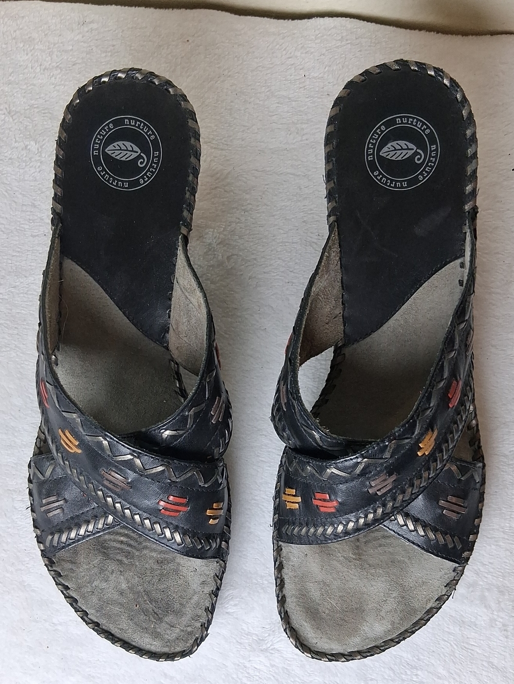 Nurture by Lamaze Black Leather Woven Mule Sandals with Red & Yellow Accents